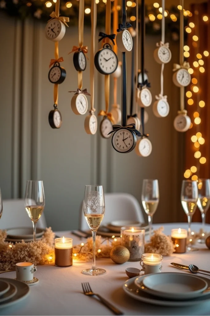 Mini clocks hanging from gold ribbons above a New Year’s Eve table with candles and champagne flutes.