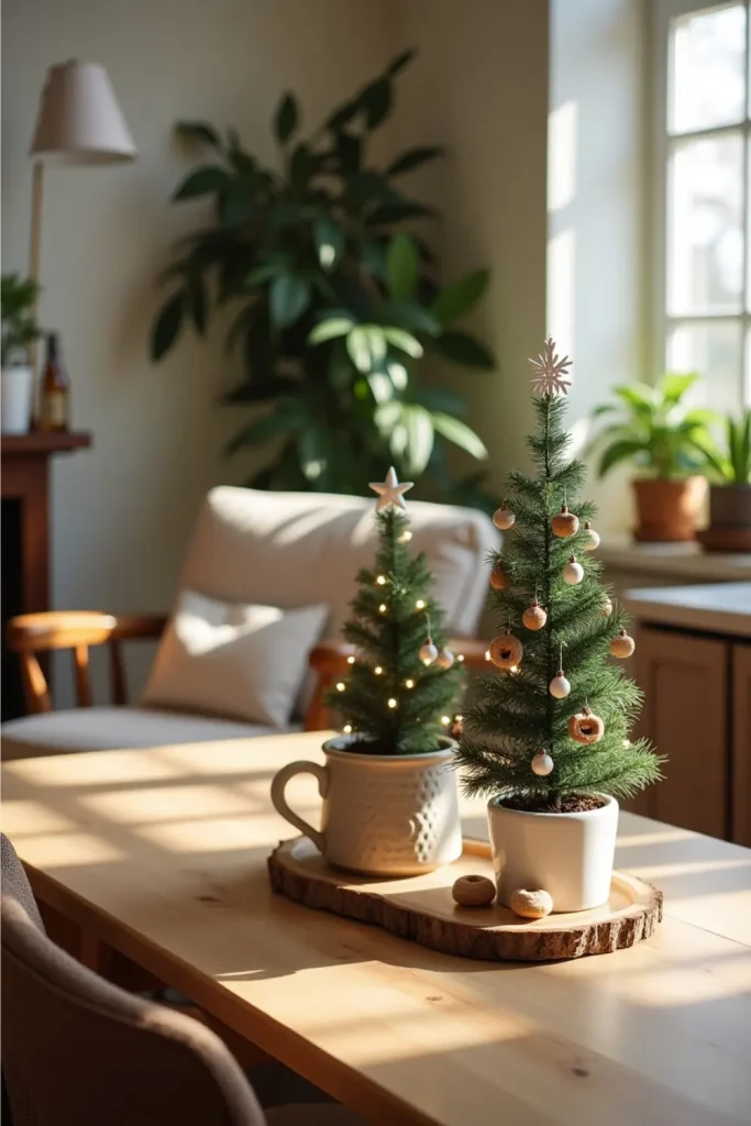 Mini Christmas trees styled in entryway, bedroom, and kitchen with soft light and festive detail.