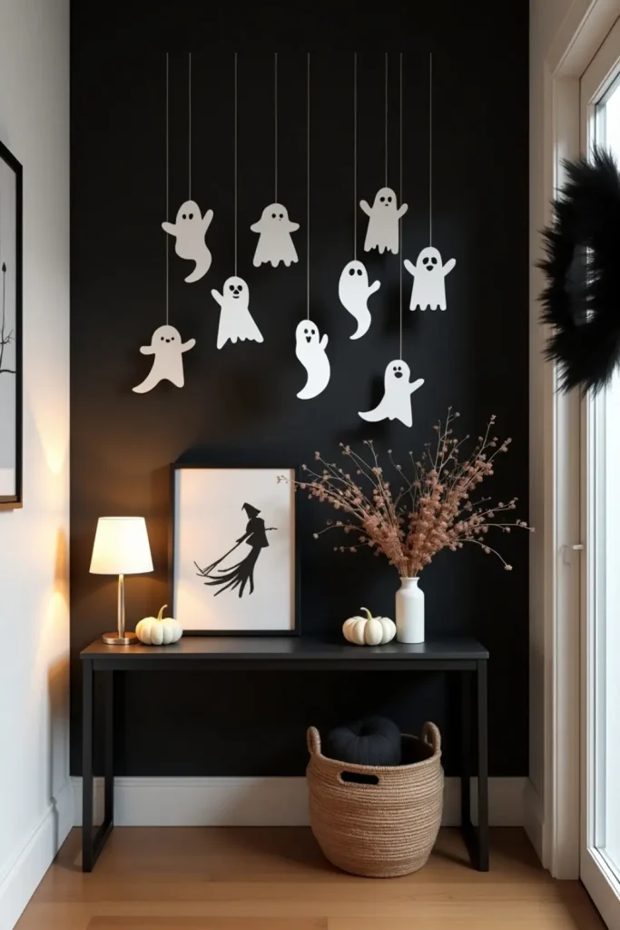 Minimalist entryway with paper ghosts, tiny pumpkins, and sleek black console for subtle Halloween style.