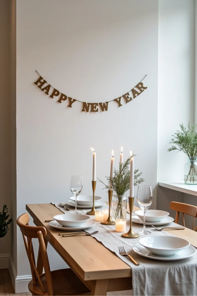Minimalist Happy New Year banner with candles, greenery, and simple white tableware in a modern setting