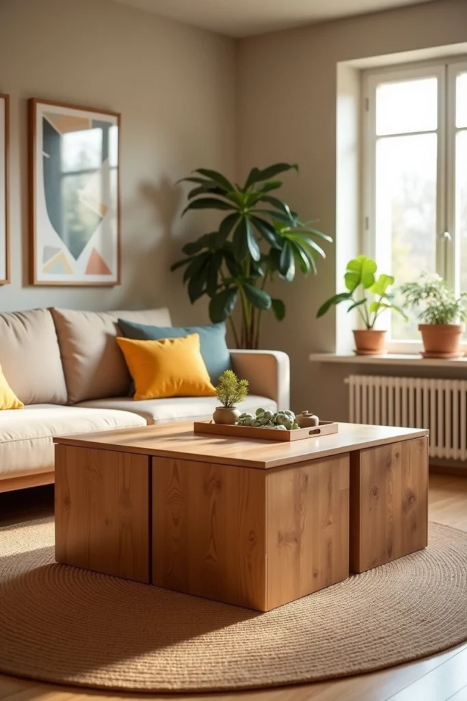 Modern living room with modular wooden cube coffee table, soft rug, plants, and colorful tray decor