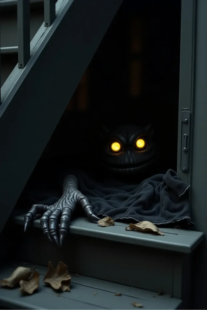 Glowing-eyed monster with claws under porch stairs, shredded fabric and leaves for spooky Halloween effect.