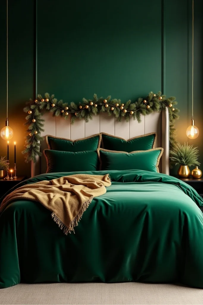 Holiday bedroom with DIY paper snowflakes and star garlands above bed, warm lights, and festive accents.