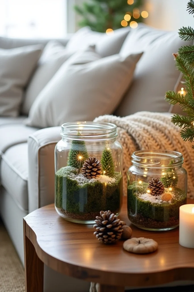 “Glass terrariums filled with moss, pinecones, and faux snow creating a woodland Christmas display.”