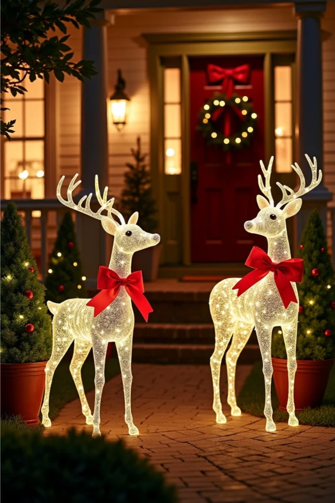 Glowing wireframe reindeer with motion-sensor lights by walkway, playful and festive holiday yard decor.