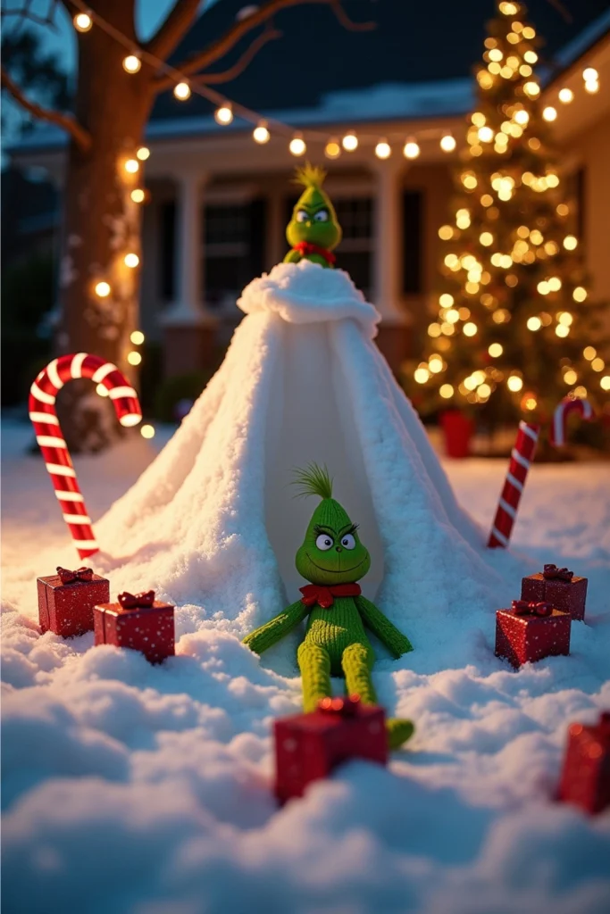 "DIY Mt. Crumpit snow hill with Grinch figure sliding down and gift boxes trailing in a festive yard."