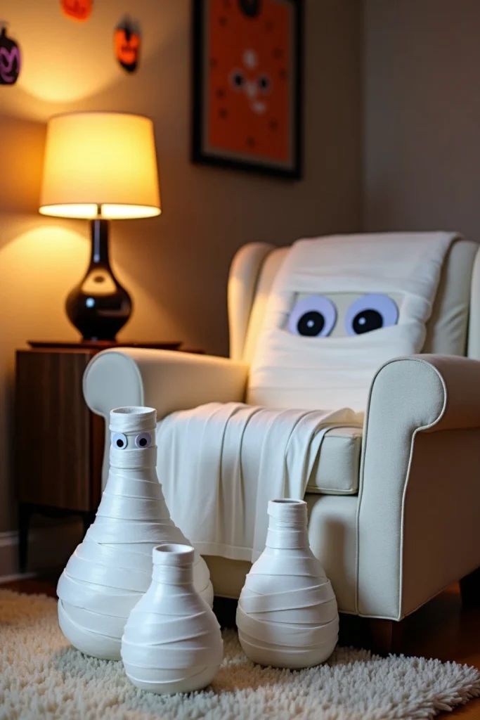 "Playful Halloween décor with mummy-wrapped lamp, vases, and googly eyes for a fun party vibe."