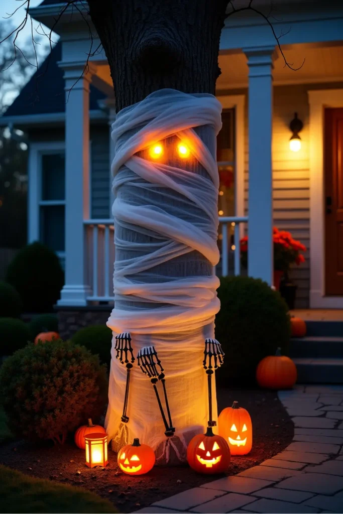 Tree wrapped in gauze with glowing eyes and skeleton arms at base for spooky Halloween porch display.