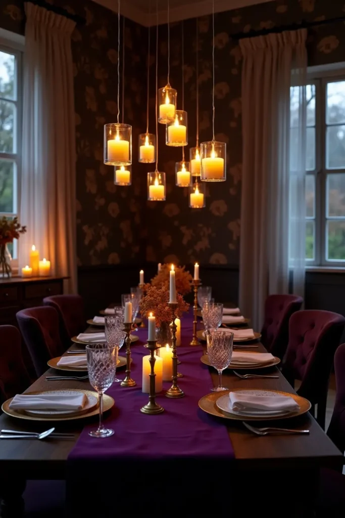 Floating LED candles over a moody Halloween dining table with velvet, gold, and sheer curtains.
