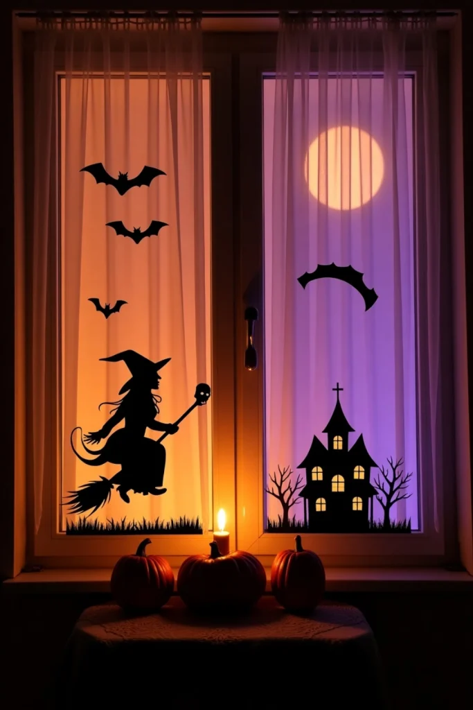 Glowing Halloween window with witch, bats, and haunted house silhouettes, pumpkins, and skull candle.