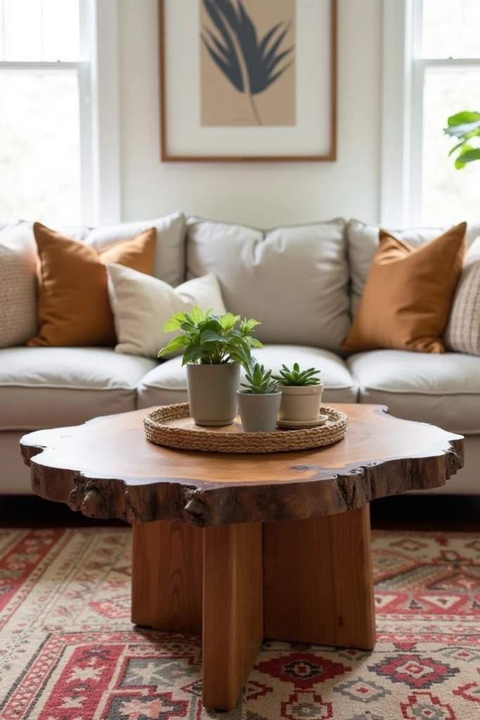 "Rustic living room with live-edge walnut coffee table, styled with plants, woven tray, and rug."
