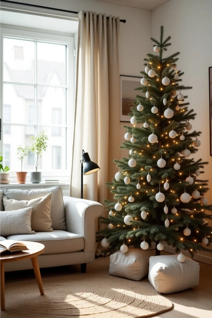 Minimalist living room with nature-inspired Christmas tree, soft lights, and eucalyptus holiday decor