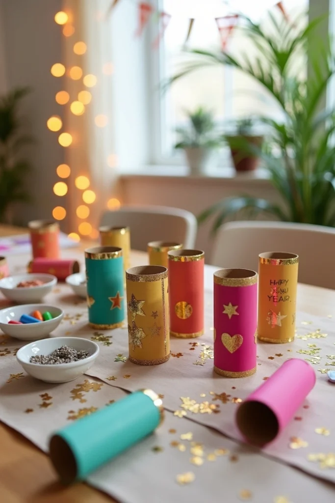 DIY kids’ New Year noisemakers made from decorated toilet paper rolls with stickers and glitter.