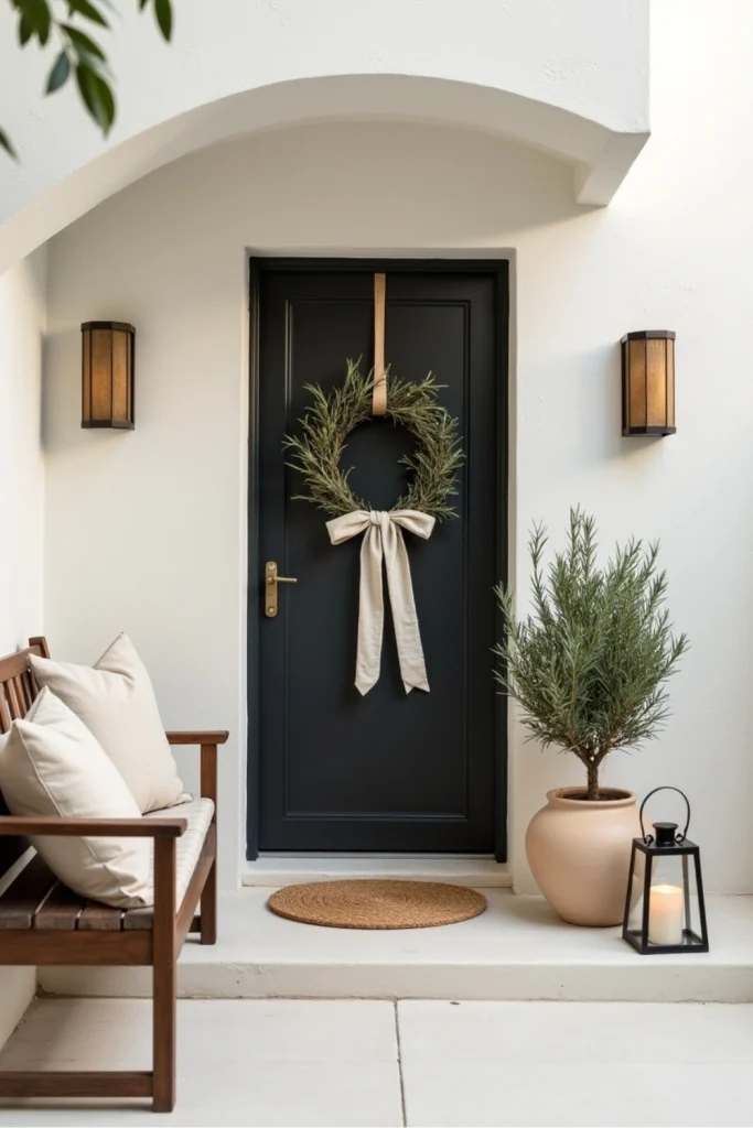 Minimal front door with olive branch swag tied in linen ribbon, soft lighting, and Mediterranean charm.