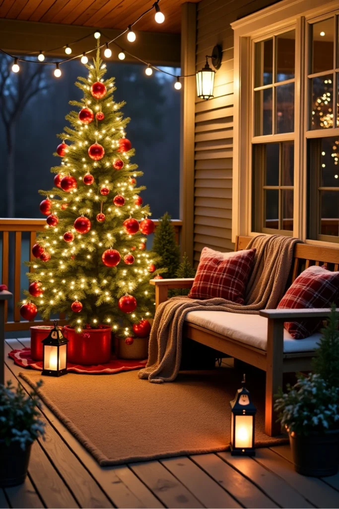 Outdoor Christmas tree with lights, plaid blankets, ornaments, and cozy bench on snowy front porch.