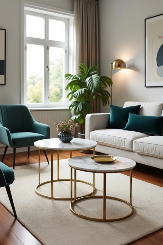 Modern living room with oval marble nesting tables, gray sofa, velvet accents, and warm lighting.