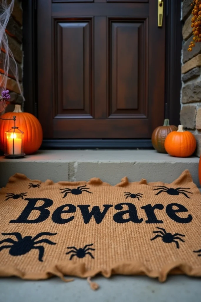“Burlap mat painted with spiders and ‘Beware,’ accented with plastic bugs for a spooky Halloween entry”
