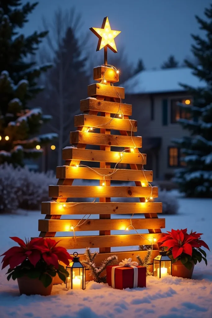 Rustic pallet Christmas tree glowing with LED lights, topped with a star, festive yard centerpiece.