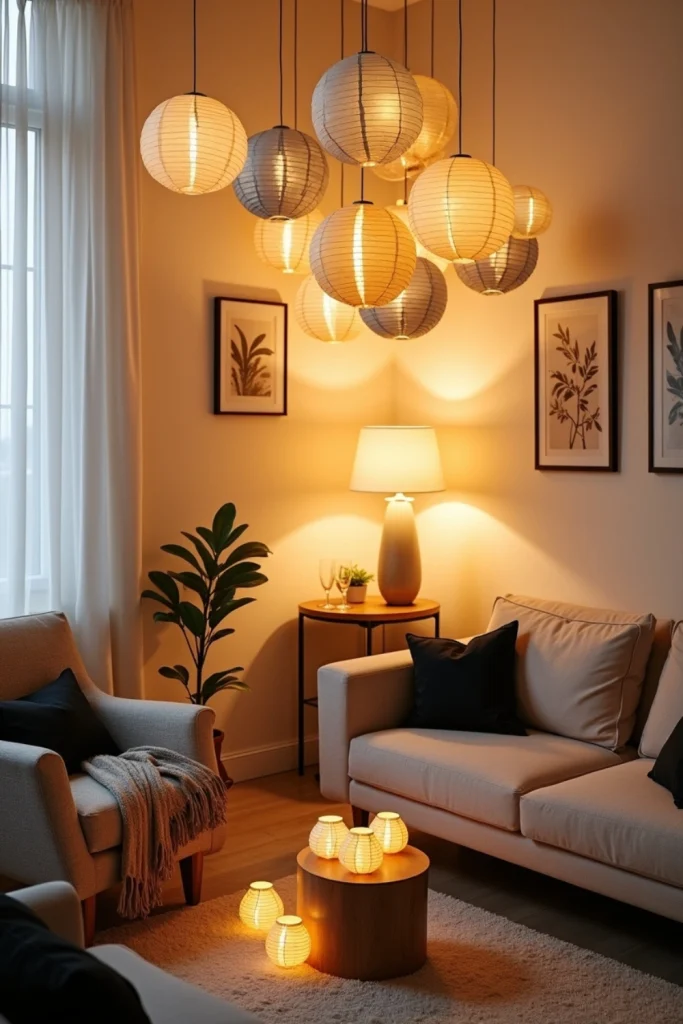 Metallic paper lanterns glowing with string lights, creating a warm New Year’s cozy décor.