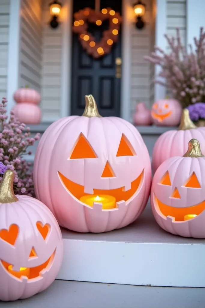 Pastel pink jack-o’-lanterns with heart cutouts and gold stems on a white porch with soft evening glow.