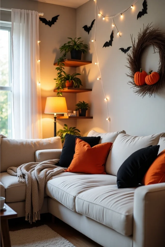 Pet-safe cotton spiderwebs in high corners with Halloween wreath and cozy family living room decor.