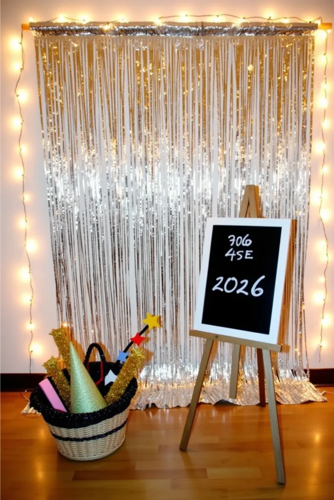 New Year’s Eve photo booth with foil curtain, countdown sign, and props like hats, stars, and glasses.