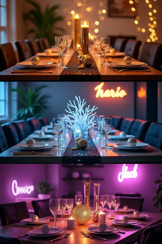 New Year’s dining table styled in metallic, winter glow, and retro neon themes with festive decor.