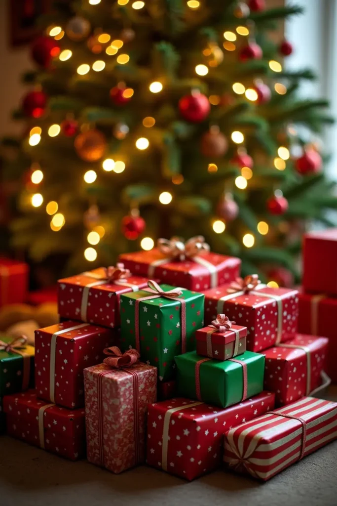 "Grinch Christmas tree with stacked 'stolen presents' glowing with lights for a festive Whoville look."