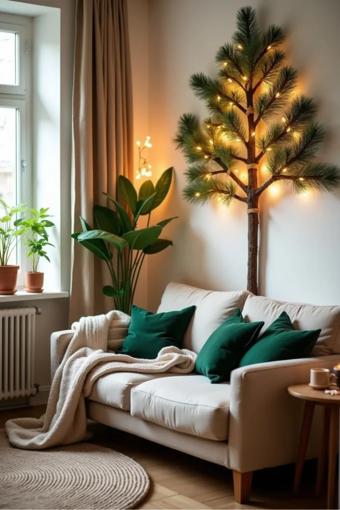“Eco-friendly pine branch wall tree with fairy lights in a cozy apartment living room corner.”