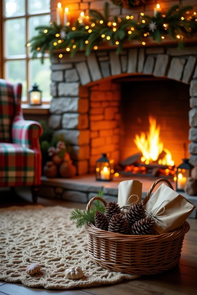“Rustic fireplace with basket of pinecone fire starters wrapped in brown paper, cozy holiday living room decor.”
