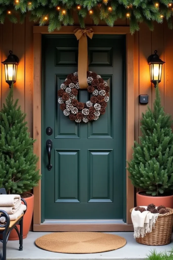 Rustic front door with snowy pinecone wreath, burlap ribbon, potted evergreens, and warm holiday glow.