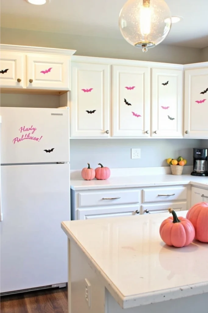 “Pink and black bat wall decals create a chic renter-friendly Halloween vibe in a modern kitchen”