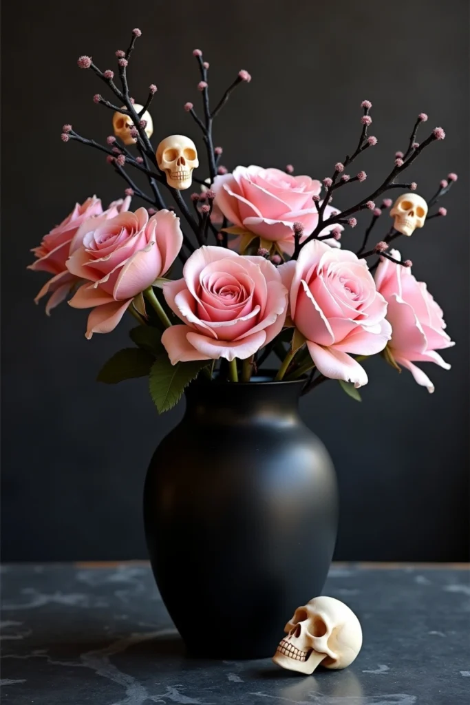 “Pink roses with black branches and tiny skulls for an elegant pink Halloween floral arrangement”