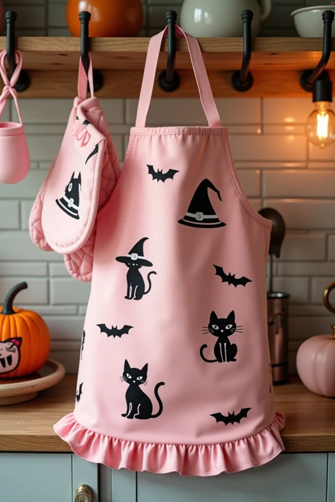 Pink Halloween apron with festive motifs and ribbon ties, styled in a cozy kitchen baking scene.