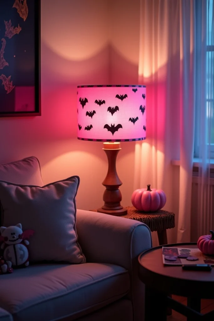 Pink lampshade with bat-pattern washi tape casting a soft Halloween glow in a cozy living room.