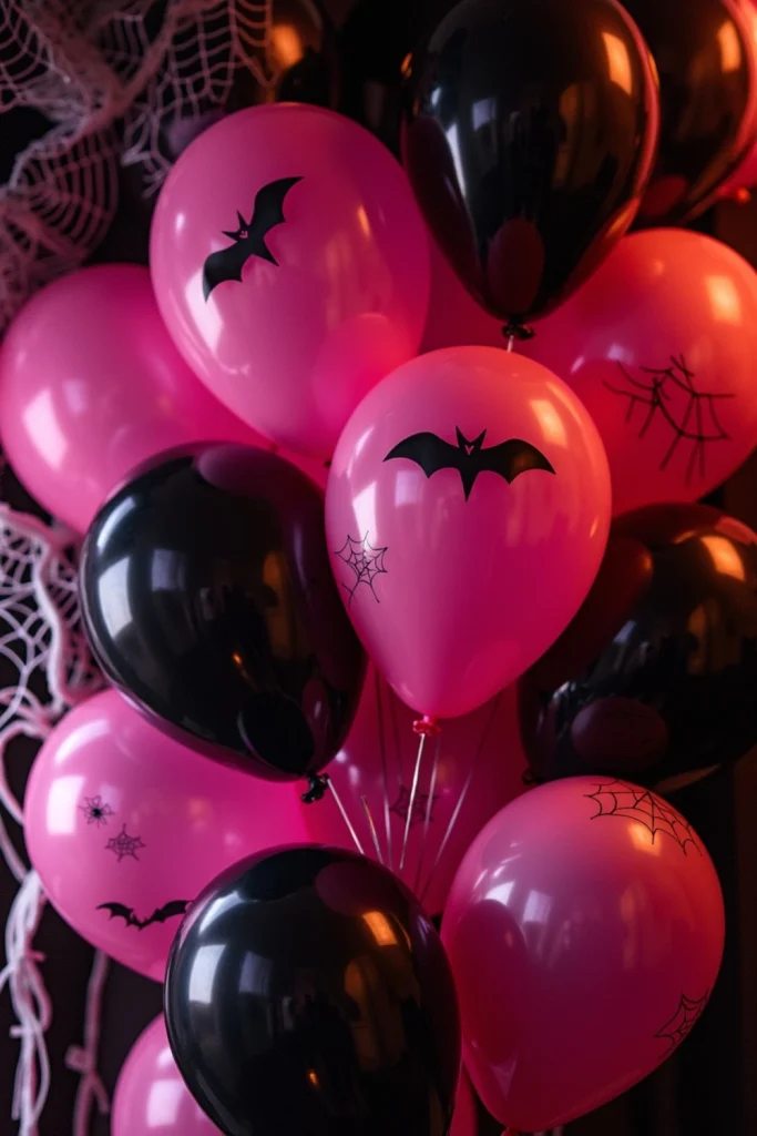“Pink and black Halloween balloons with spiderweb streamers and bat balloons for a festive pinkoween party”
