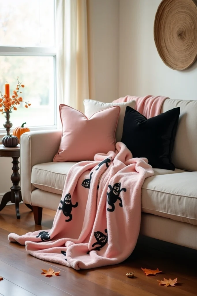 “Pink Halloween throw blanket with ghost and pumpkin patterns draped on a sofa for a cozy fall look”