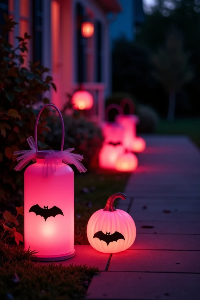Pink Halloween lanterns with bat stickers lining a porch walkway for a festive glowing entrance.