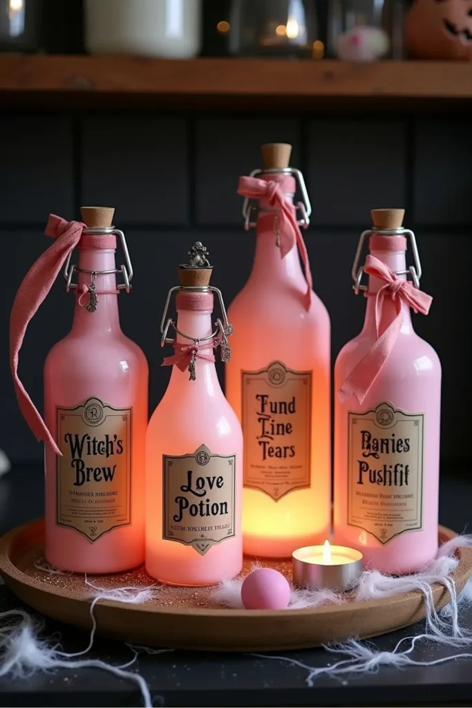 Pink Halloween potion bottles with spooky labels, ribbon accents, and glowing LED candle detail.