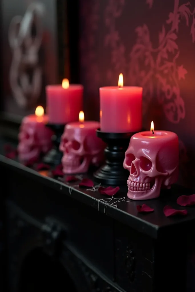 “Pink skull candles in black holders on mantel with rose petals for chic Halloween pink decor”
