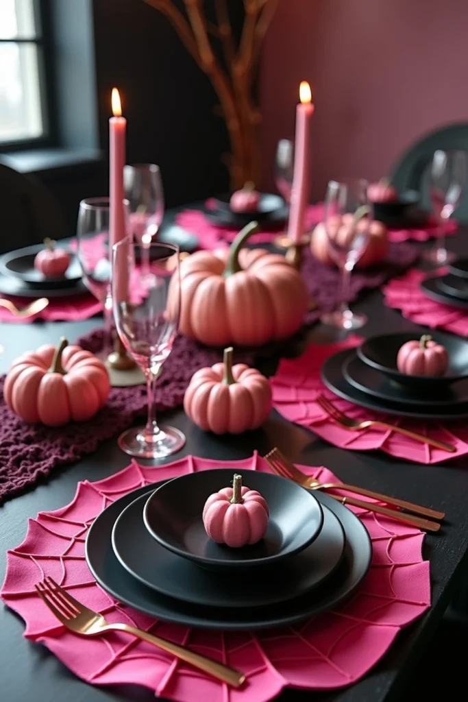 “Pink spiderweb placemats with black plates and rose gold cutlery create a chic Pinkoween table setting”