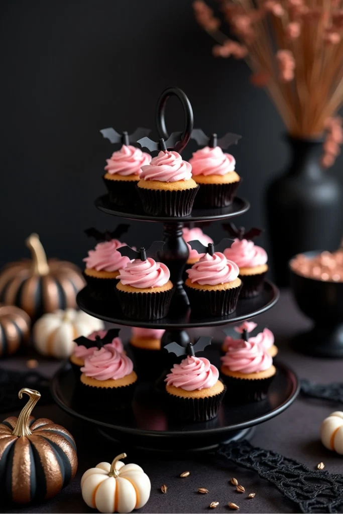 “Black tiered stand with pink-frosted Halloween cupcakes topped with bats for a pinkoween party display”