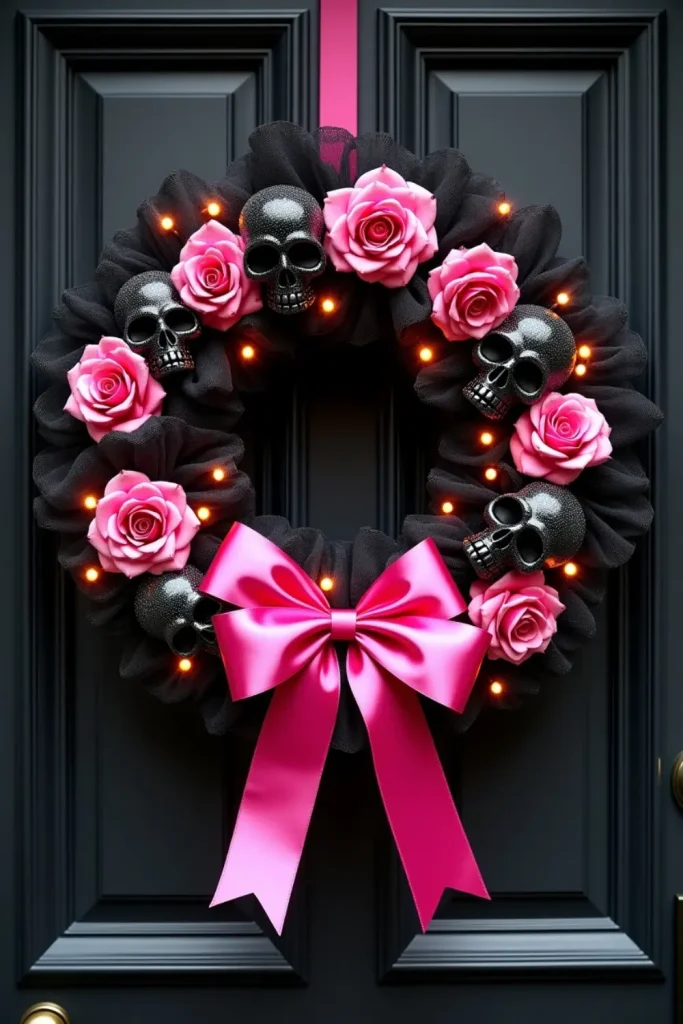 “Pink and black Halloween wreath with roses, skulls, and ribbon for a chic gothic glam front door look”