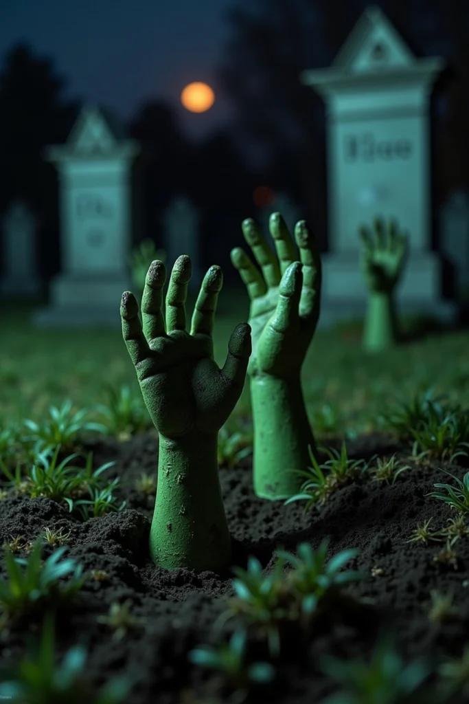 Green-painted monster hands emerge from soil near tombstones in a spooky, dimly lit Halloween yard.