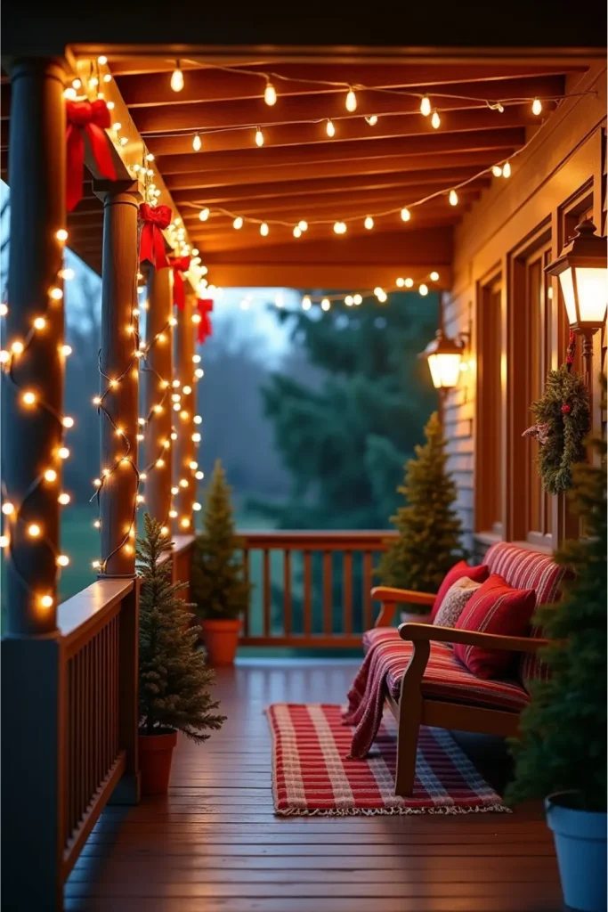 Cozy porch railings wrapped in warm lights with red bows, greenery, and festive holiday accents.