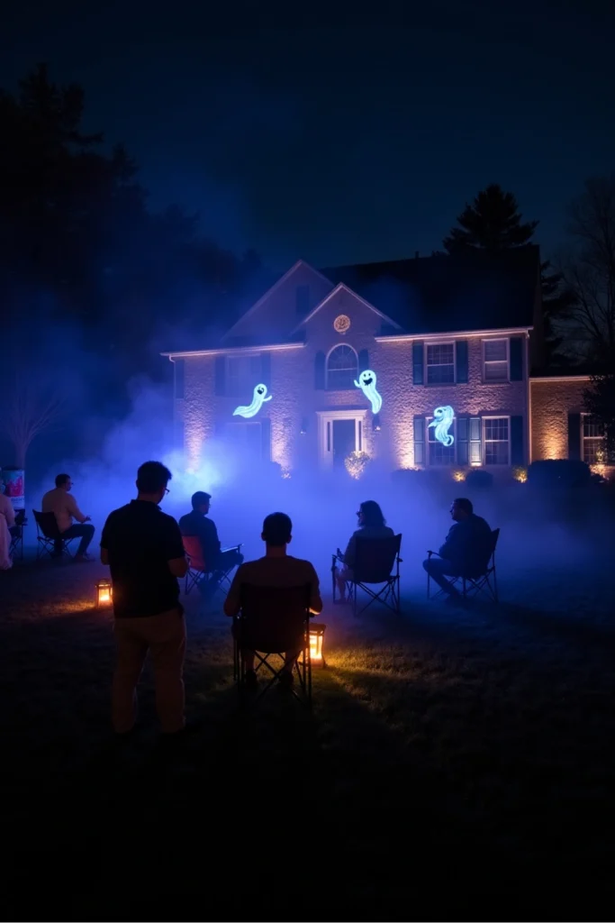 Projected ghosts and bats dance across a house wall with fog and lanterns creating a spooky Halloween scene.