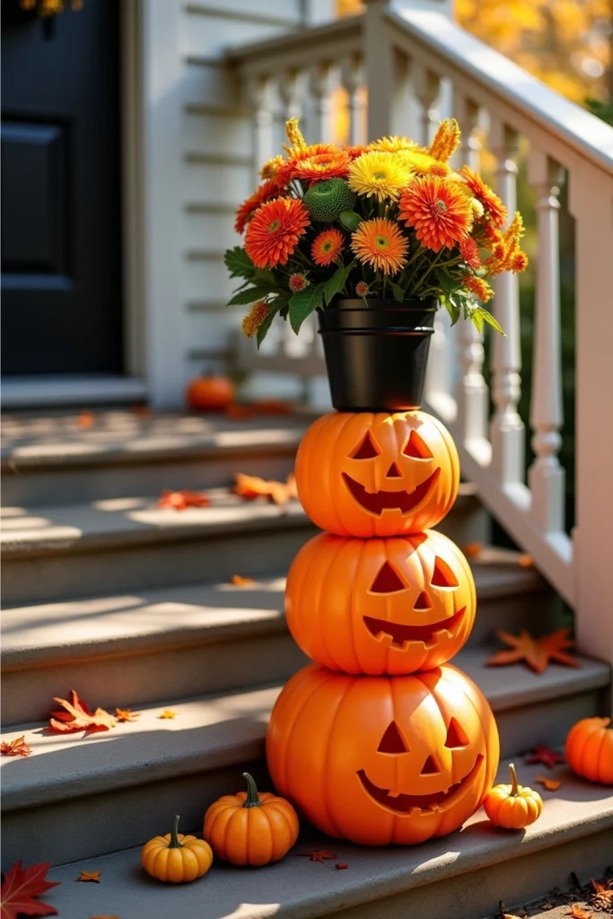Stacked plastic pumpkins topped with fall flowers on a porch, surrounded by leaves and seasonal decor.