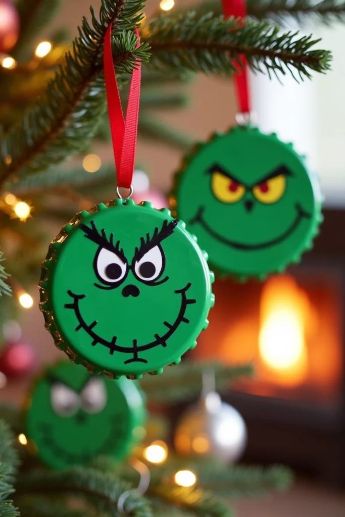 Recycled bottle cap ornaments painted as Grinch faces with googly eyes, hanging on a Christmas tree with lights.