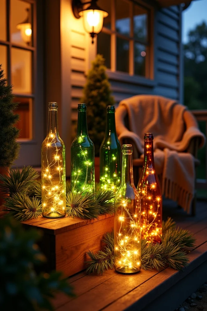 Clustered recycled wine bottles glowing with fairy lights on a cozy porch, eco-friendly holiday decor.