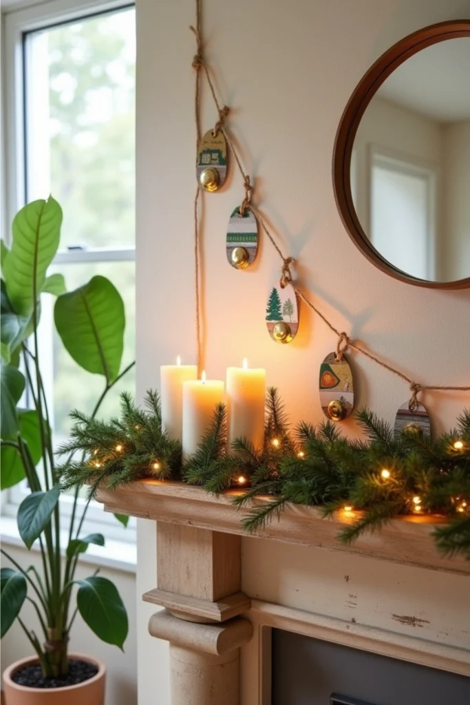 Eco-friendly recycled garland made with gold-painted cards and bottle caps for festive New Year decor.